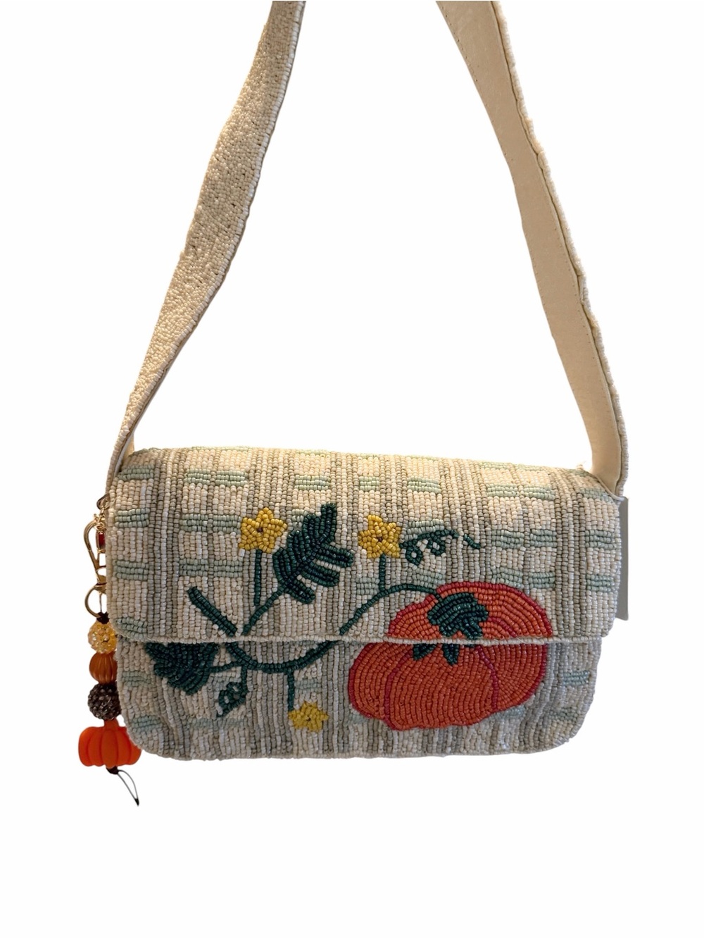 Hand-Beaded Pumpkin Floral Shoulder Bag in Cream and Orange w/ Pumpkin bag charm